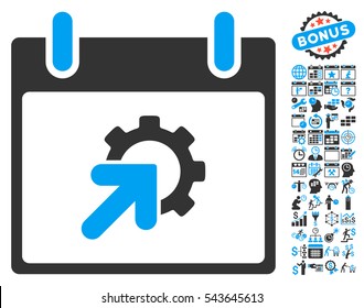 Gear Integration Calendar Day icon with bonus calendar and time management pictograph collection. Vector illustration style is flat iconic symbols, blue and gray, white background.