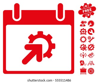 Gear Integration Calendar Day icon with bonus options clip art. Vector illustration style is flat iconic symbols, red, white background.