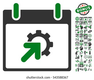 Gear Integration Calendar Day pictograph with bonus calendar and time management graphic icons. Vector illustration style is flat iconic symbols, green and gray, white background.