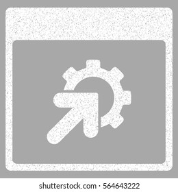 Gear Integration Calendar Page grainy textured icon for overlay watermark stamps. Flat symbol with unclean texture. Dotted vector white ink rubber seal stamp with grunge design on a silver background.