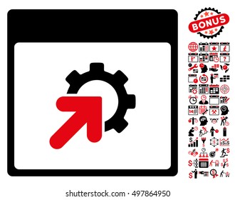 Gear Integration Calendar Page icon with bonus calendar and time management pictures. Vector illustration style is flat iconic symbols, intensive red and black, white background.