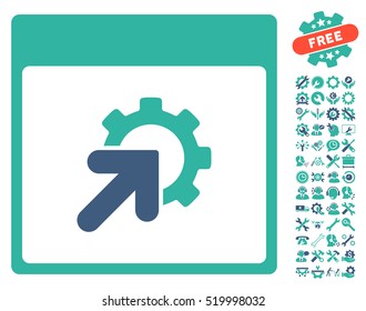 Gear Integration Calendar Page icon with bonus tools graphic icons. Vector illustration style is flat iconic symbols, cobalt and cyan, white background.