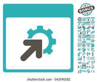 Gear Integration Calendar Page icon with bonus calendar and time management pictograms. Vector illustration style is flat iconic symbols, grey and cyan, white background.