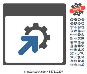 Gear Integration Calendar Page icon with bonus settings graphic icons. Vector illustration style is flat iconic symbols, cobalt and gray, white background.