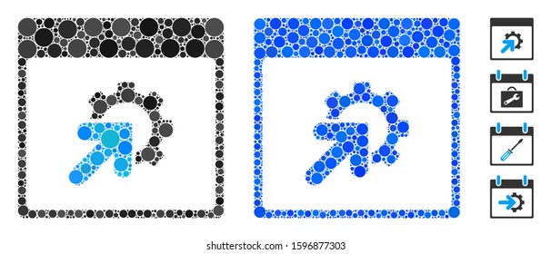 Gear integration calendar page mosaic of circle elements in various sizes and color tones, based on gear integration calendar page icon. Vector round elements are combined into blue mosaic.