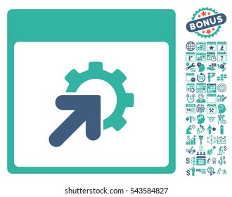 Gear Integration Calendar Page pictograph with bonus calendar and time management pictures. Vector illustration style is flat iconic symbols, cobalt and cyan, white background.