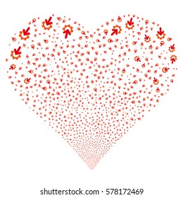 Gear Integration fireworks with heart shape. Vector illustration style is flat intensive red and orange iconic symbols on a white background. Object love heart created from confetti pictograms.