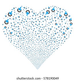 Gear Integration fireworks with heart shape. Vector illustration style is flat blue and gray iconic symbols on a white background. Object love heart combined from scattered pictographs.
