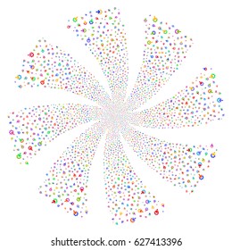 Gear Integration fireworks swirl rotation. Vector illustration style is flat bright multicolored iconic symbols on a white background. Object spiral done from random pictograms.