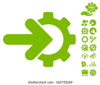 Gear Integration icon with bonus options graphic icons. Vector illustration style is flat iconic eco green symbols on white background.