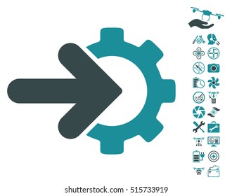 Gear Integration icon with bonus quad copter service images. Vector illustration style is flat iconic symbols on white background.