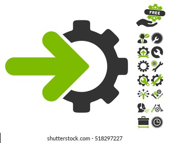 Gear Integration icon with bonus tools graphic icons. Vector illustration style is flat iconic eco green and gray symbols on white background.