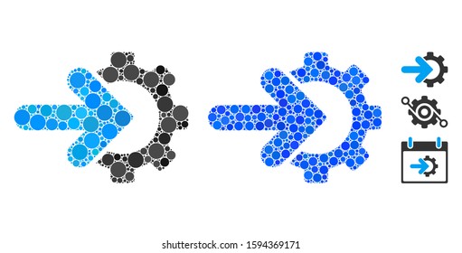 Gear integration mosaic of small circles in different sizes and color hues, based on gear integration icon. Vector small circles are combined into blue mosaic.