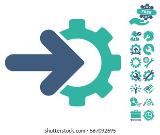 Gear Integration pictograph with bonus configuration design elements. Vector illustration style is flat iconic cobalt and cyan symbols on white background.