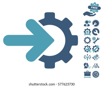 Gear Integration pictograph with bonus tools graphic icons. Vector illustration style is flat iconic cyan and blue symbols on white background.