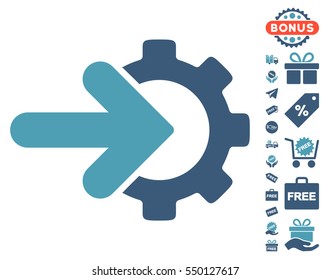 Gear Integration pictograph with free bonus design elements. Vector illustration style is flat iconic symbols, cyan and blue colors, white background.