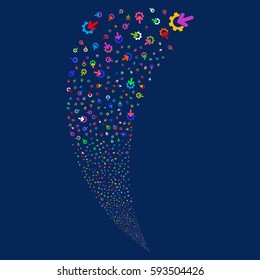 Gear Integration random fireworks stream. Vector illustration style is flat bright multicolored iconic symbols on a blue background. Object fountain organized from scattered symbols.