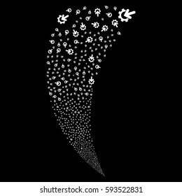 Gear Integration random fireworks stream. Vector illustration style is flat white iconic symbols on a black background. Object fountain done from scattered pictographs.