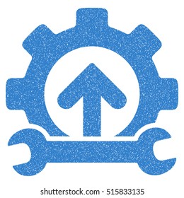 Gear Integration Tools grainy textured icon for overlay watermark stamps. Flat symbol with unclean texture. Dotted vector cobalt ink rubber seal stamp with grunge design on a white background.