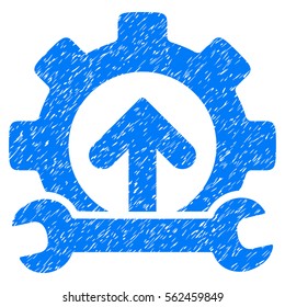 Gear Integration Tools grainy textured icon for overlay watermark stamps. Flat symbol with scratched texture. Dotted vector blue ink rubber seal stamp with grunge design on a white background.