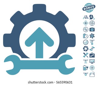 Gear Integration Tools icon with bonus aircopter service pictures. Vector illustration style is flat iconic cyan and blue symbols on white background.