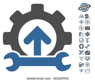 Gear Integration Tools icon with bonus uav tools images. Vector illustration style is flat iconic cobalt and gray symbols on white background.