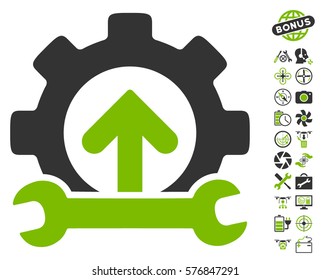 Gear Integration Tools icon with bonus drone service symbols. Vector illustration style is flat iconic eco green and gray symbols on white background.