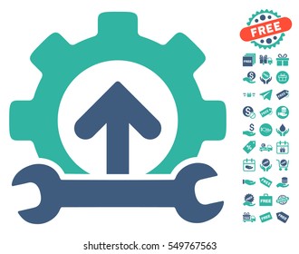 Gear Integration Tools icon with free bonus graphic icons. Vector illustration style is flat iconic symbols, cobalt and cyan colors, white background.