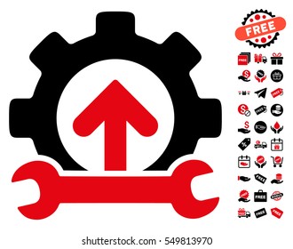 Gear Integration Tools icon with free bonus symbols. Vector illustration style is flat iconic symbols, intensive red and black colors, white background.
