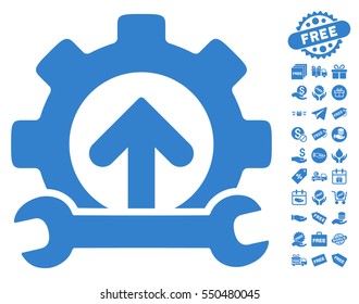 Gear Integration Tools icon with free bonus graphic icons. Vector illustration style is flat iconic symbols, cobalt color, white background.