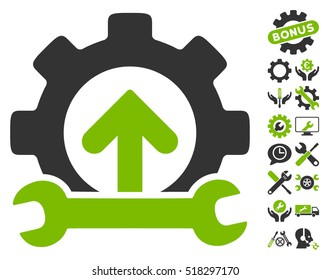 Gear Integration Tools pictograph with bonus options graphic icons. Vector illustration style is flat iconic eco green and gray symbols on white background.