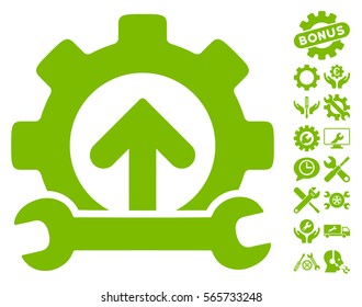 Gear Integration Tools pictograph with bonus options symbols. Vector illustration style is flat iconic eco green symbols on white background.