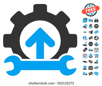 Gear Integration Tools pictograph with free bonus pictograph collection. Vector illustration style is flat iconic symbols, blue and gray colors, white background.