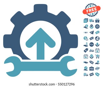 Gear Integration Tools pictograph with free bonus design elements. Vector illustration style is flat iconic symbols, cyan and blue colors, white background.