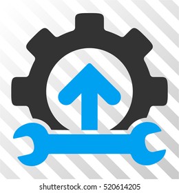 Gear Integration Tools vector pictograph. Illustration style is flat iconic bicolor blue and gray symbol on a hatched transparent background.