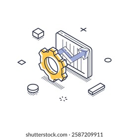 Gear interacting with a graph, symbolizing effective business solutions. It is designed for infographic use, featuring outlined elements in a clean style. Modern isometric line art vector illustration