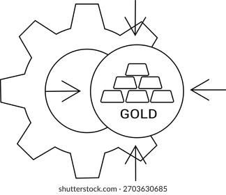 Zahnradverriegelungen mit Kreis aus Goldbarren mit GOLD-Pfeilen, die Eingabe und Ausgabe anzeigen