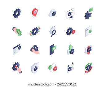 Gear isometric icons set. Coghweel and magnifying glass. Computer and smartphone. hardware and maintenance. Software upgrade. Cartoon 3D vector collection isolated on white background