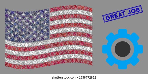 Gear items are grouped into United States flag stylization with blue rectangle distressed stamp seal of Great Job caption. Vector collage of American waving official flag is designed with gear items.