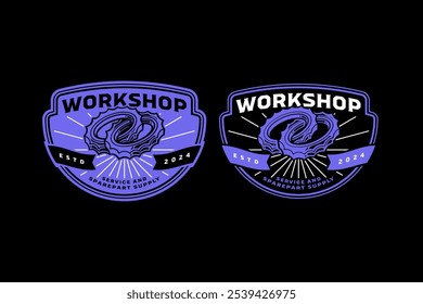 Engranaje dentado motor con diseño de logotipo de insignia retro infinito para garaje, repuesto, deporte extremo. rueda dentada con infinito, colección de logotipo de emblema de bucle para corredor, motocicleta, jinete, mecánico 