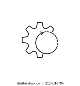 Gear and jerky arrow. Suspended, unfinished process. Vector linear icon isolated on white background