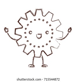 gear kawaii caricature with open arms standing in blurred brown color contour vector illustration