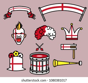 Gear kit collection of England soccer supporter. Elements of this image furnished by England flag. Vector illustration for Zussia world cup 2018 theme.