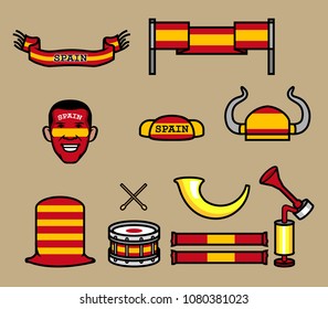 Gear kit collection of Spain soccer supporter. Elements of this image furnished by Spain flag. Vector illustration for Zussia world cup 2018 theme.