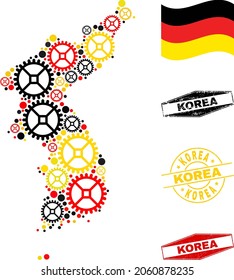 Gear Korea map collage and seals. Vector collage is designed from wheel elements in various sizes, and Germany flag official colors - red, yellow, black.