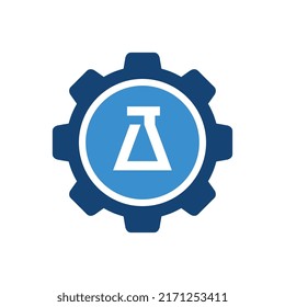 Gear lab logo template, erlenmeyer flask and cogwheel logo icon design - Vector