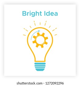 Gear lamp creative idea concept vector illustration. Contour innovation idea graphic with bright lightbulb and gear inside. Orange line lamp with silhouette cogwheel creative think business concept.