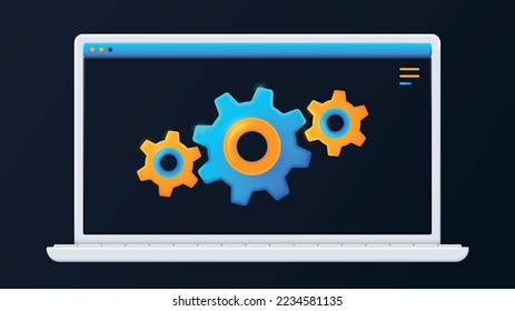 Gear in laptop 3d. Modern technologies, gadgets and devices, pc. Optimization and updating programs and applications, software. Technical support metaphor. Cartoon isometric vector illustration
