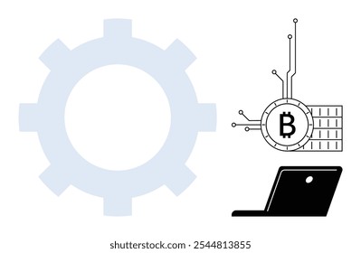 Un equipo, una computadora portátil y un símbolo de criptomoneda conectado a una red digital. Ideal para temas de tecnología, blockchain, criptomonedas, fintech y economía digital. Estilo de Vector moderno simple