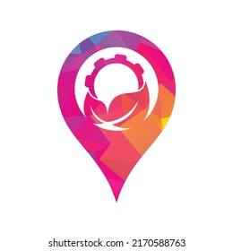 Gear leaf gps shape concept logo combination vector. Mechanic and eco symbol or icon.